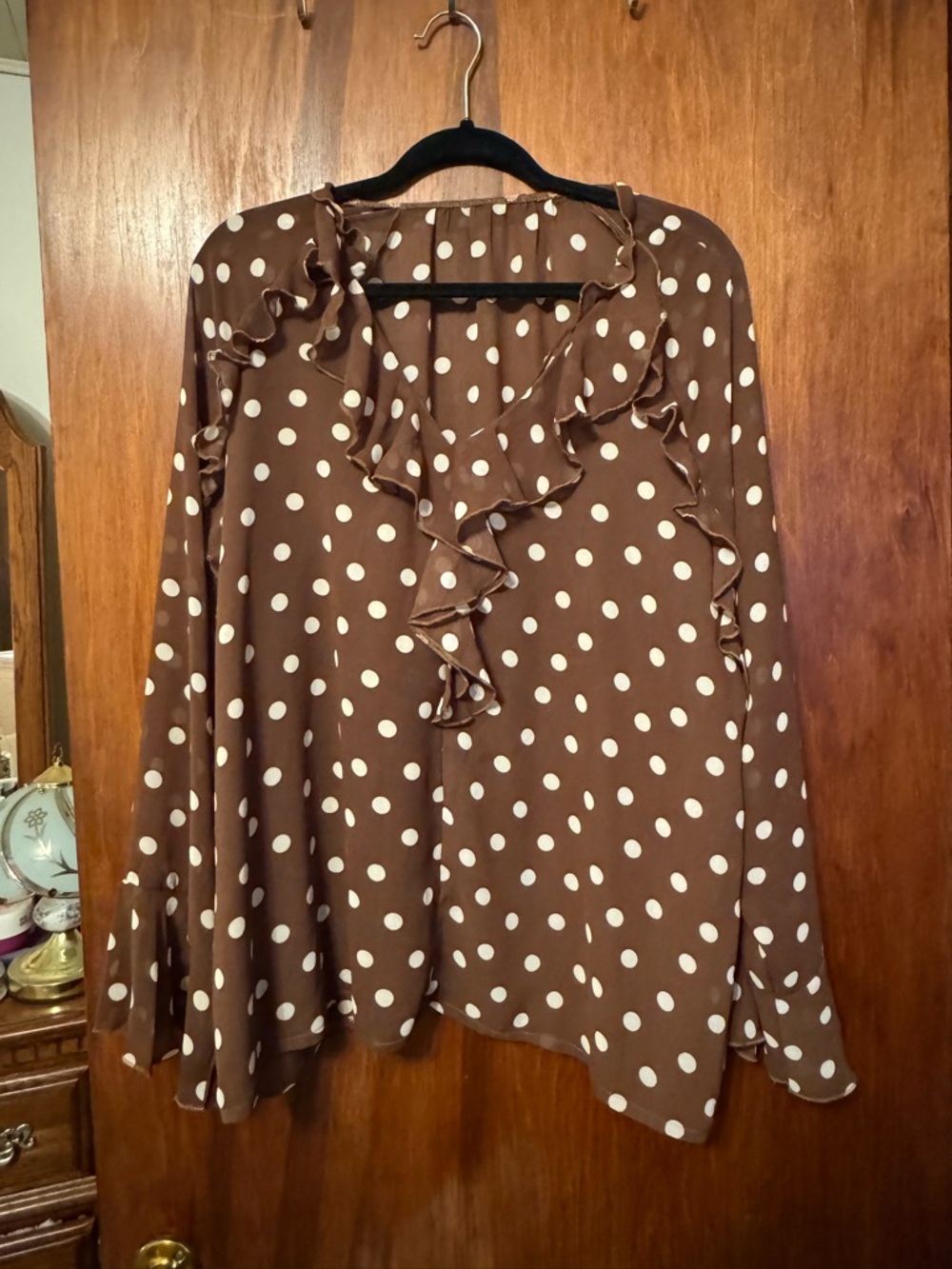 Women’s Plus Size Brown and White Polka Dot Ruffle Cottagecore Boho Top Size 3X - Picture 2 of 7